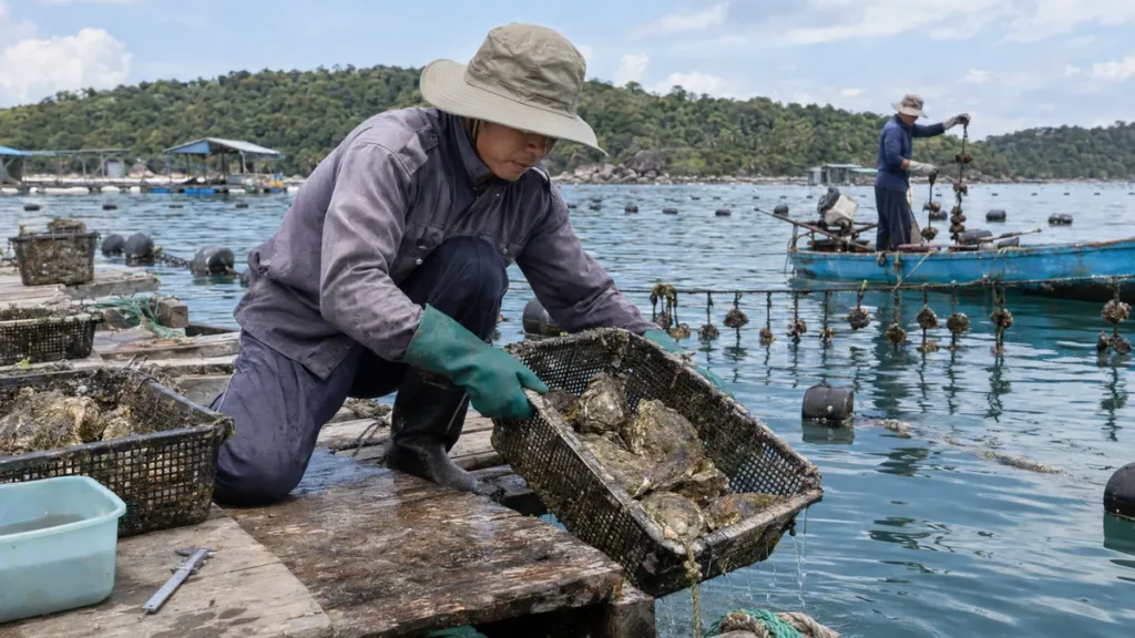 フーコック島の海上養殖場で真珠母貝の網籠を点検する作業員