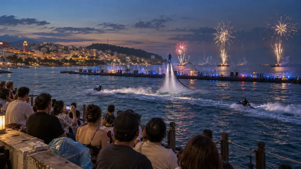 フーコックの海上ステージで花火と水上演技を楽しむ観客