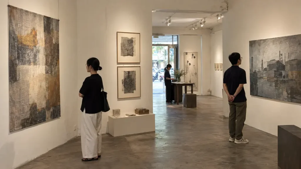 ホーチミン市中心部の独立系アートスペースで現代作品を見る来場者