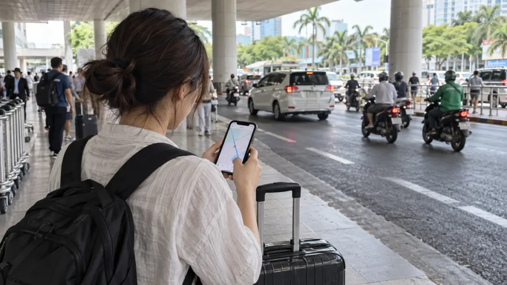 ホーチミン到着後にスマートフォンの地図を確認する旅行者