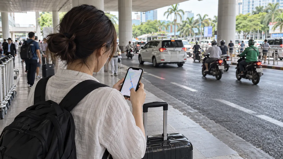 ホーチミン到着後にスマートフォンの地図を確認する旅行者