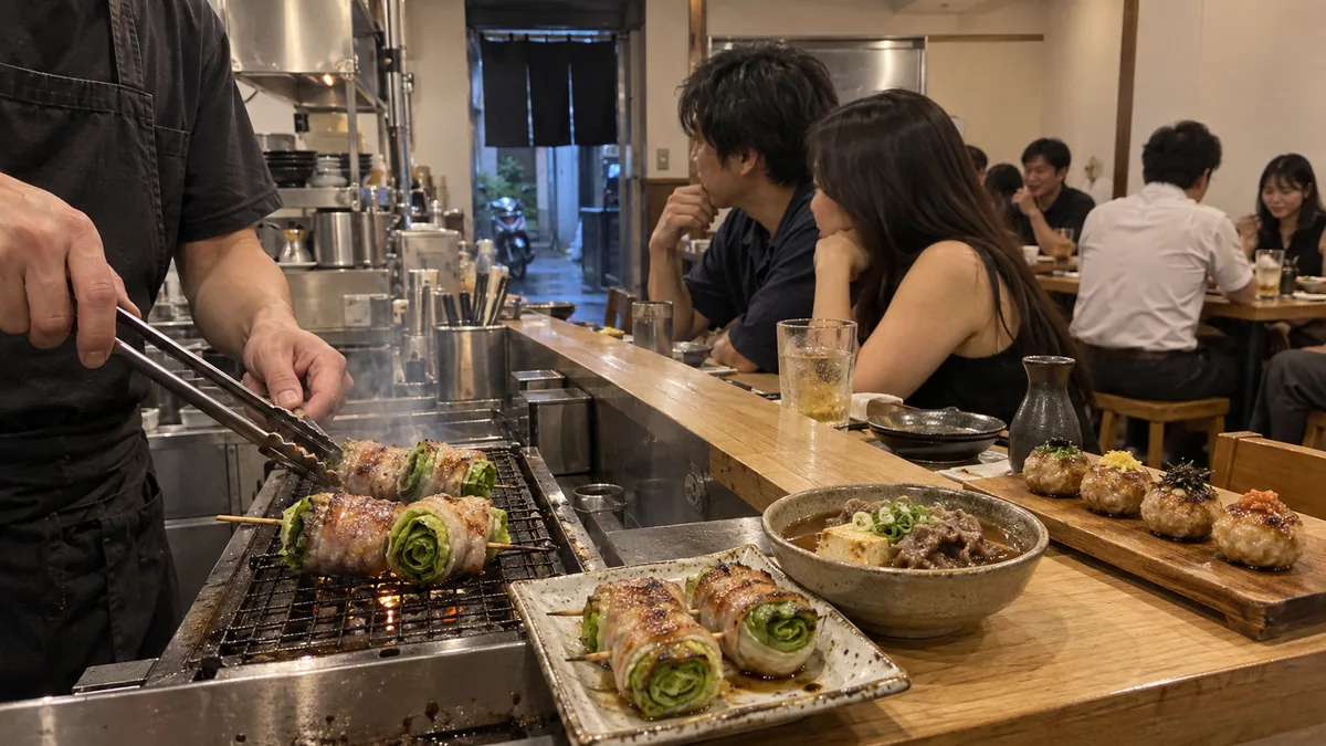 サイゴンの路地裏の居酒屋で豚バラ巻きの野菜串を焼くオープンキッチン