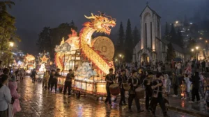 サパ石造教会前を進む龍の大型ランタン山車と祭りの行列