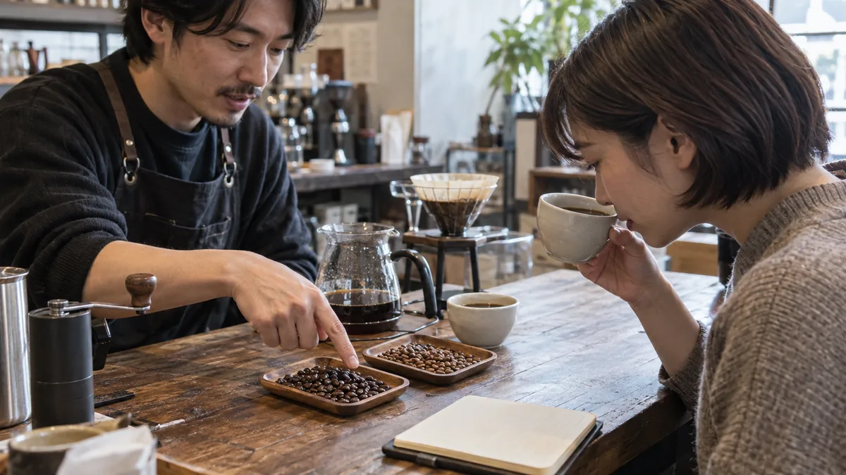 異なる産地のコーヒー豆と2杯のコーヒーを飲み比べる客とバリスタ