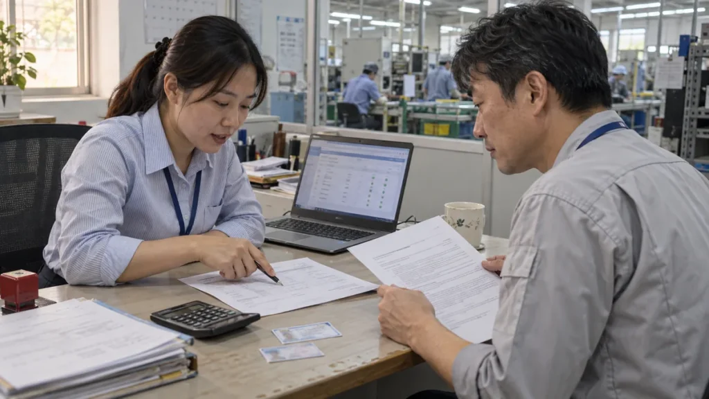 ベトナムの職場で給与明細と社会保険加入記録を確認する人事担当者と外国人社員