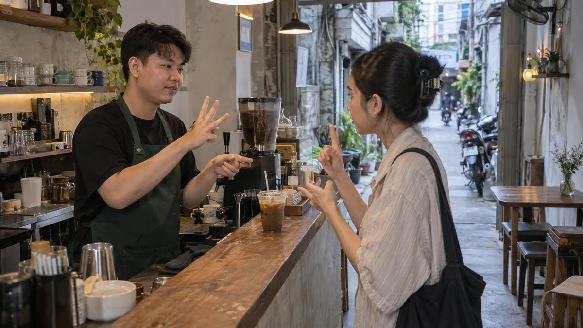 ホーチミンの路地裏カフェで手話を使って注文を確認するスタッフと客