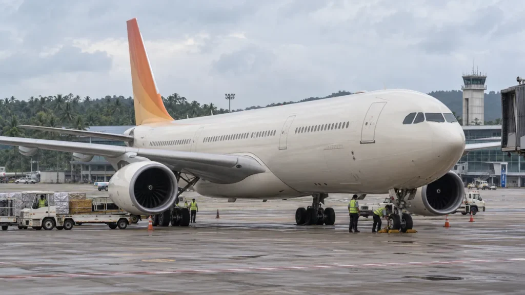 フーコック国際空港の駐機場で点検を受けるワイドボディ旅客機