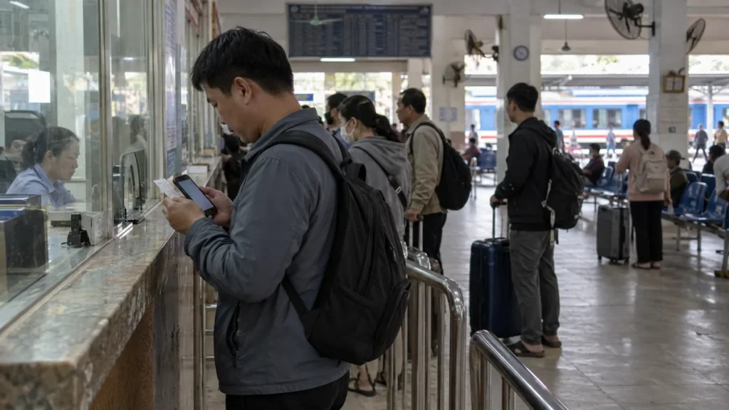 ベトナムの鉄道駅窓口で切符とスマートフォンを確認する旅行者