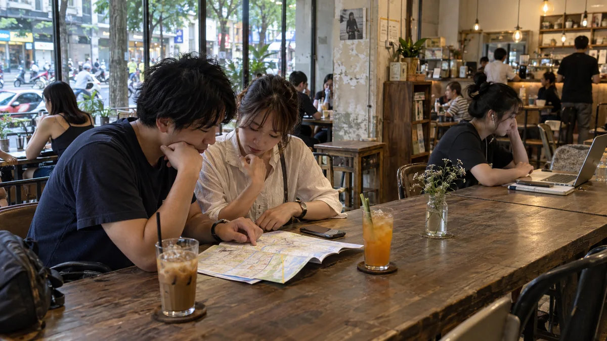 ホーチミンのカフェで地図を見ながら旅程を相談する旅行者