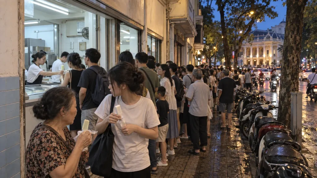 ハノイのチャンティエン通りで閉店前の旗艦店に並びアイスを味わう人々