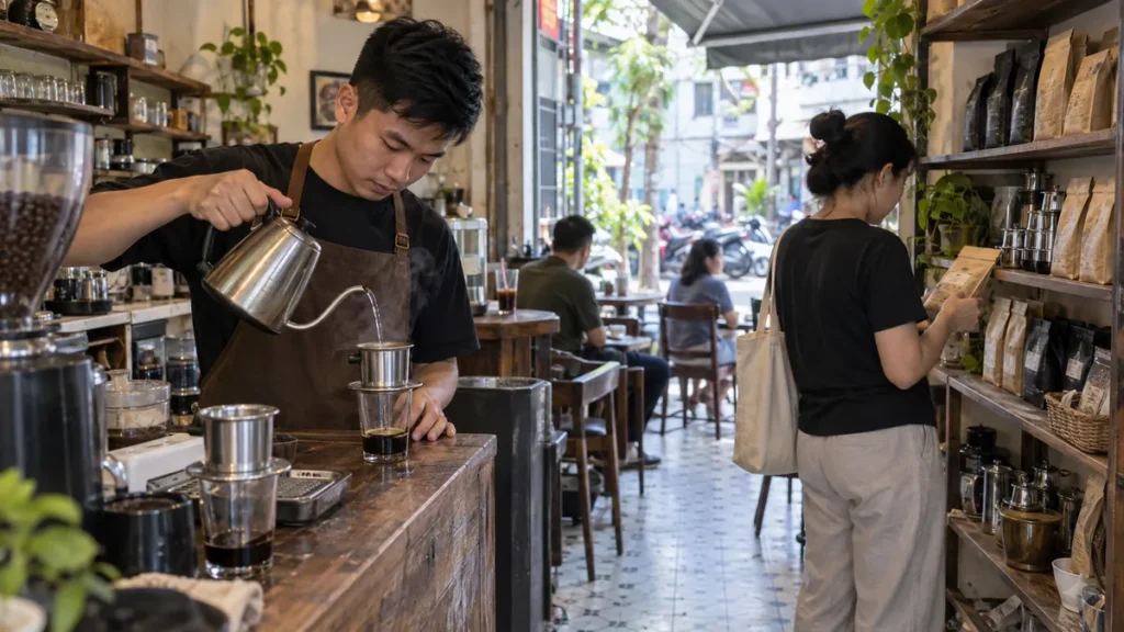 ベトナムの街角カフェでフィンコーヒーを淹れるバリスタと商品棚を見る客