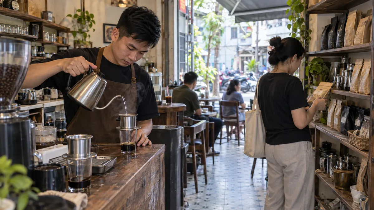 ベトナムの街角カフェでフィンコーヒーを淹れるバリスタと商品棚を見る客
