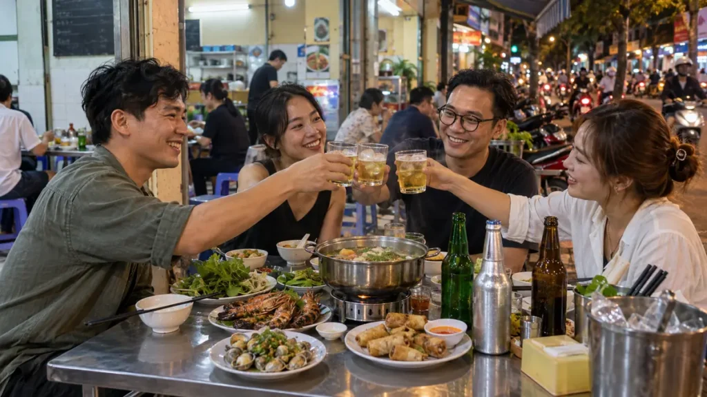 ホーチミンの食堂で氷入りビールとベトナム料理を囲む人々