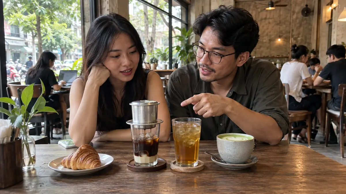 ベトナムのカフェでフィンコーヒー、お茶、抹茶を比べる二人
