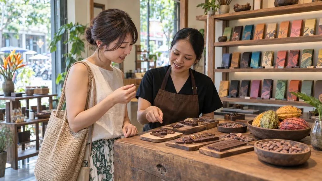 ホーチミンの専門店でベトナム産チョコレートを食べ比べる旅行者