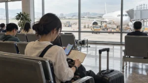 ベトナム国内線空港で次の目的地を検討する旅行者