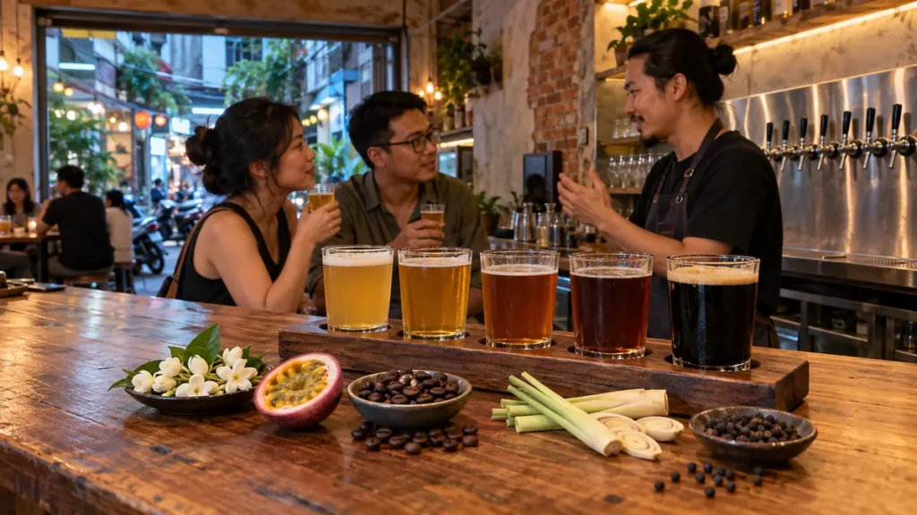 ベトナム産素材と5種類のクラフトビールを並べたテイスティング