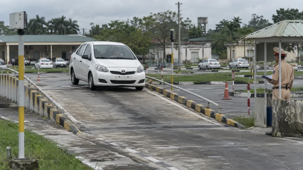 ベトナムの運転免許試験場で坂道コースを走る教習車
