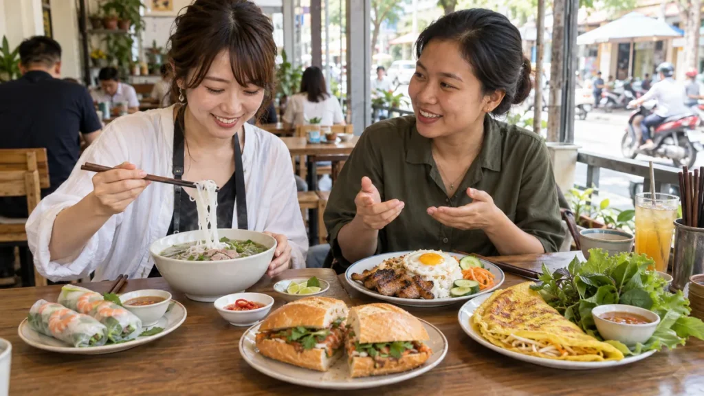 ホーチミンの食堂で定番ベトナム料理を食べ比べる旅行者