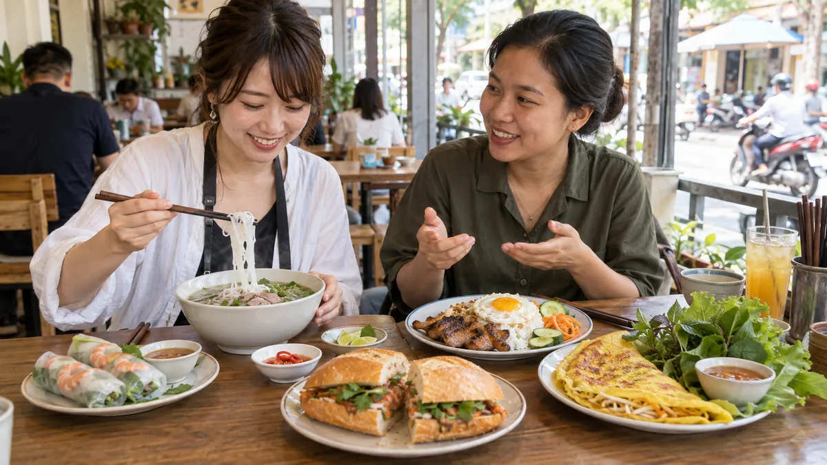 ホーチミンの食堂で定番ベトナム料理を食べ比べる旅行者