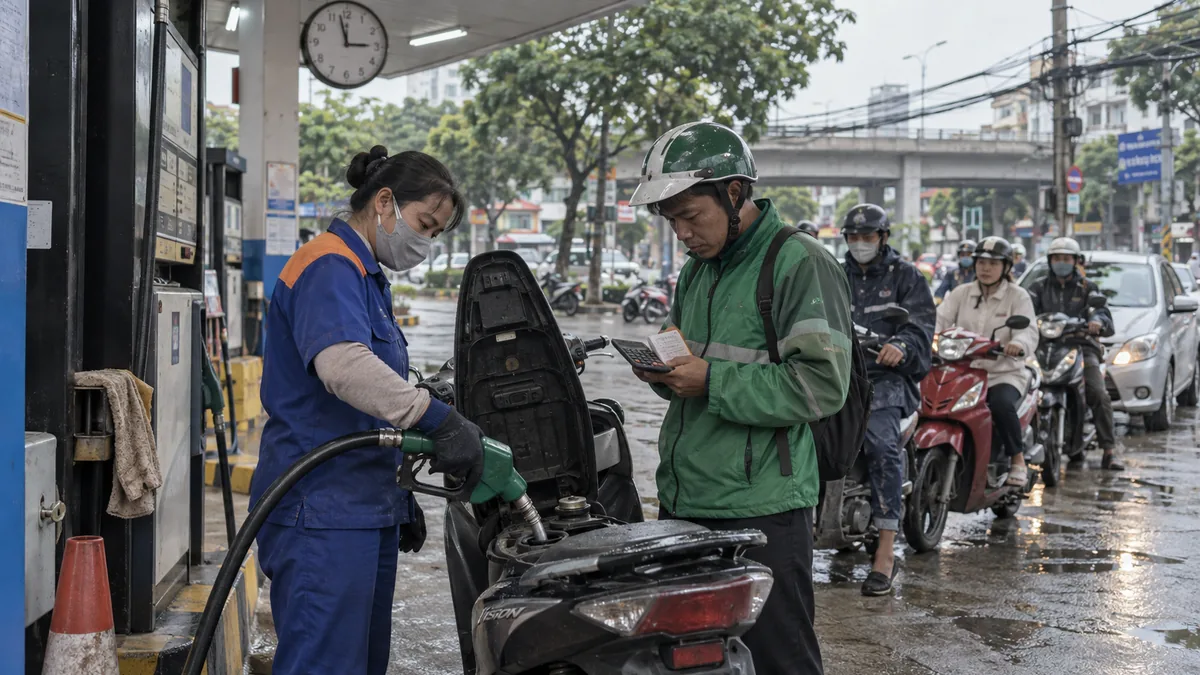 ホーチミンの給油所でバイクに給油し燃料費を計算する配達員