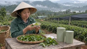 バオロックの茶畑でベトナム産の緑茶粉末を確認する生産者