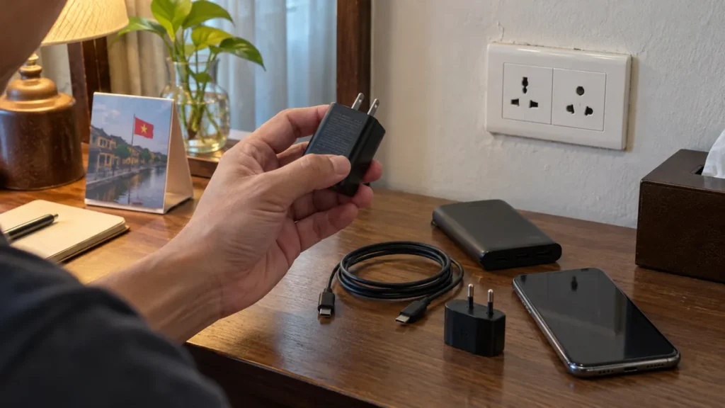 ベトナムのホテルで充電器の対応電圧を確認する様子