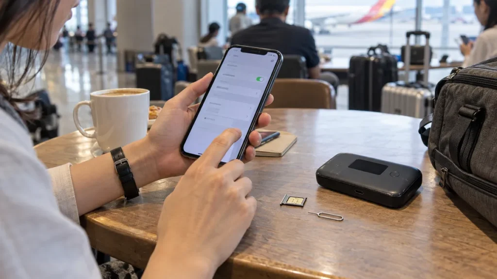 空港でスマートフォンとSIMカードとWiFiルーターを比較する旅行者