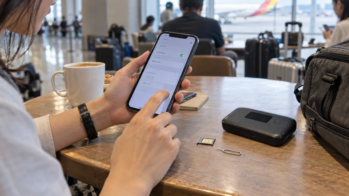 空港でスマートフォンとSIMカードとWiFiルーターを比較する旅行者