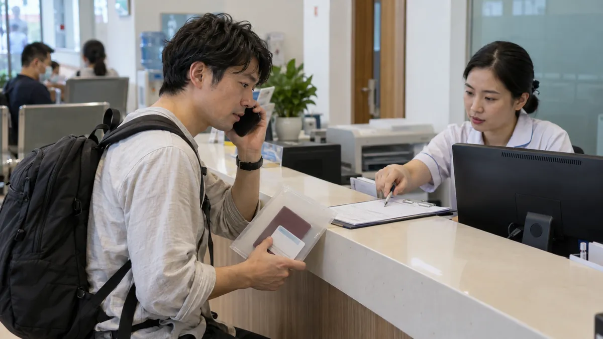 ベトナムのクリニックで保険窓口へ連絡する旅行者