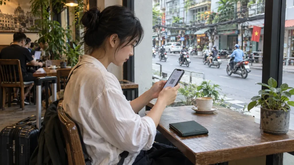 ホーチミン市のカフェでスマートフォンからeSIMを設定する旅行者