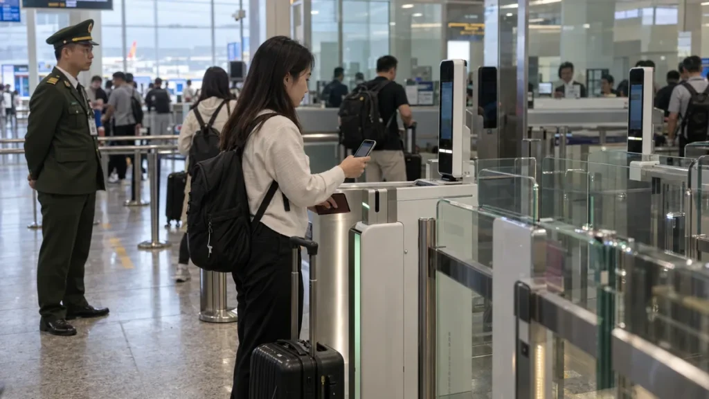 ベトナムの国際空港でスマートフォンを使い電子IDゲートを通る旅行者