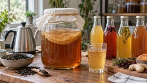 発酵中のコンブチャと茶葉、瓶詰めした飲料