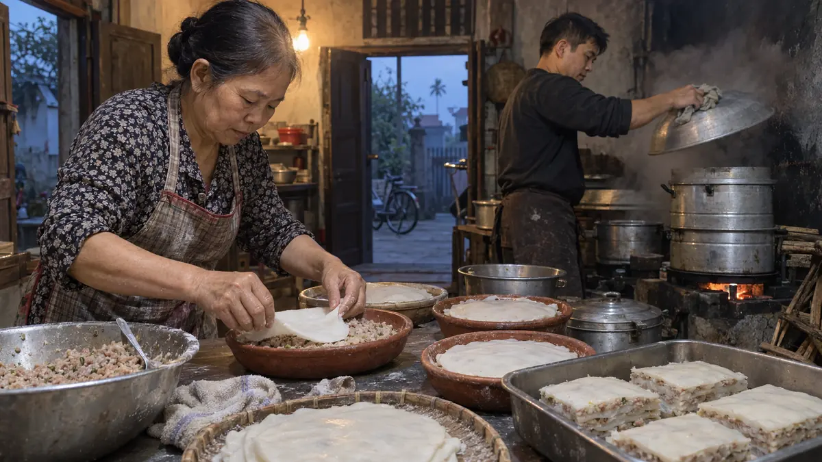 夜明け前の台所で米粉生地と豚肉を重ねるバインハップ作り