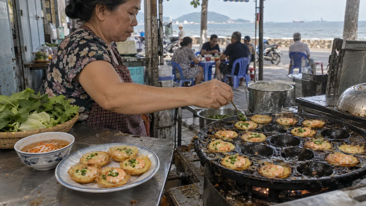 ヴンタウの海辺の店でエビのバインコットを焼く料理人
