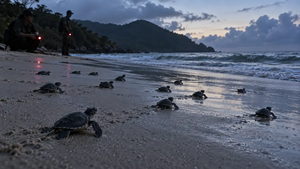 夜明け前のコンダオ・ダットドック浜で海へ向かうアオウミガメの子ガメ