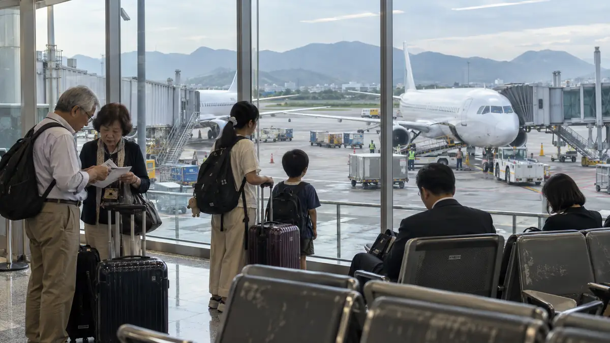 ダナン空港で日本行きの便を待つ旅行者と出発準備中の航空機