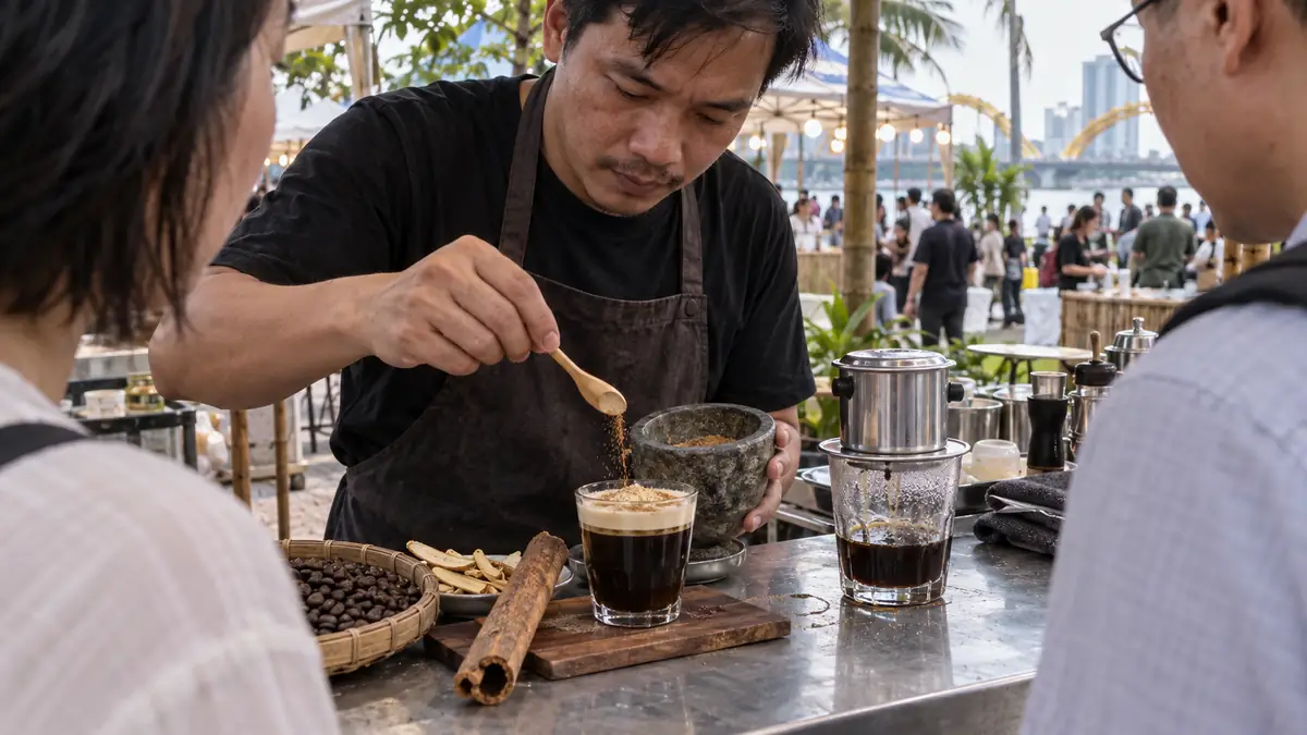 ダナンのコーヒーイベントでナムオー魚醤の粉末をロブスタコーヒーに振りかける職人