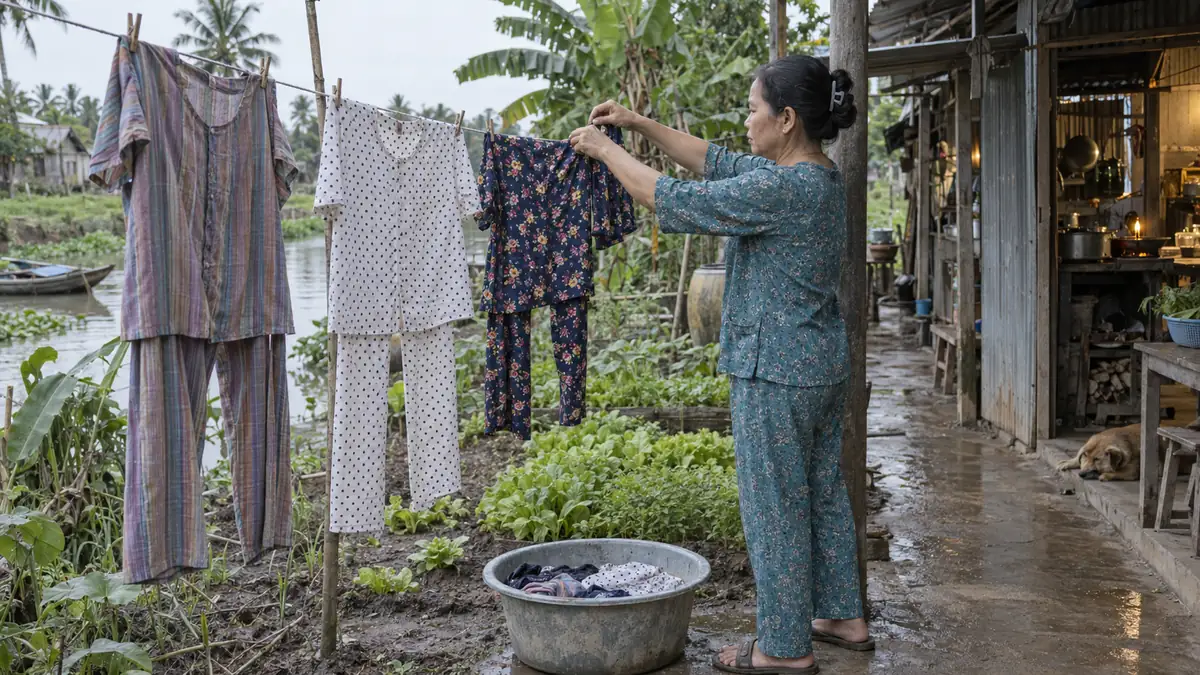 メコンデルタの家でドーボー姿の女性が上下おそろいの服を干す朝