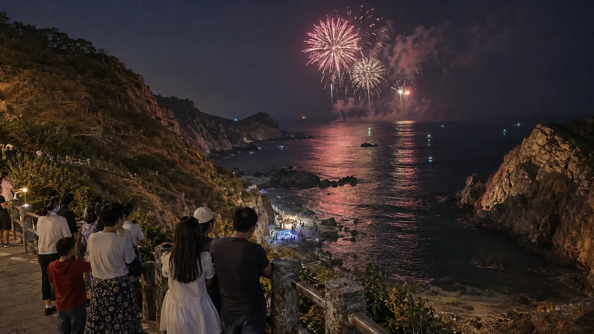 エオジオの断崖と海面を照らす初の高層花火を見守る人々