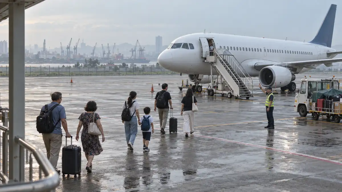 雨上がりのカットビ空港でハイフォン港を背に旅客機へ向かう旅行者