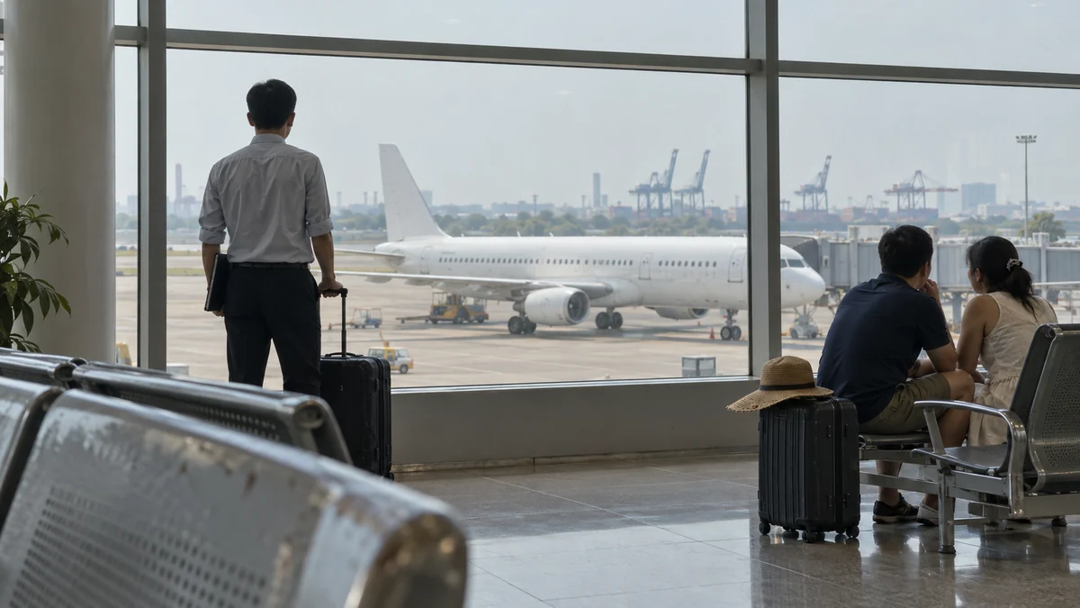 ハイフォン港のクレーンを望むカットビ空港で出発を待つ旅行者