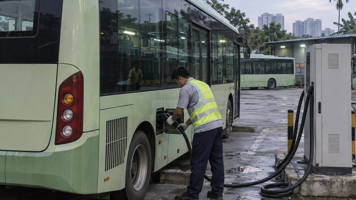 ハノイの車庫で電気バスに充電ケーブルを接続する整備担当者