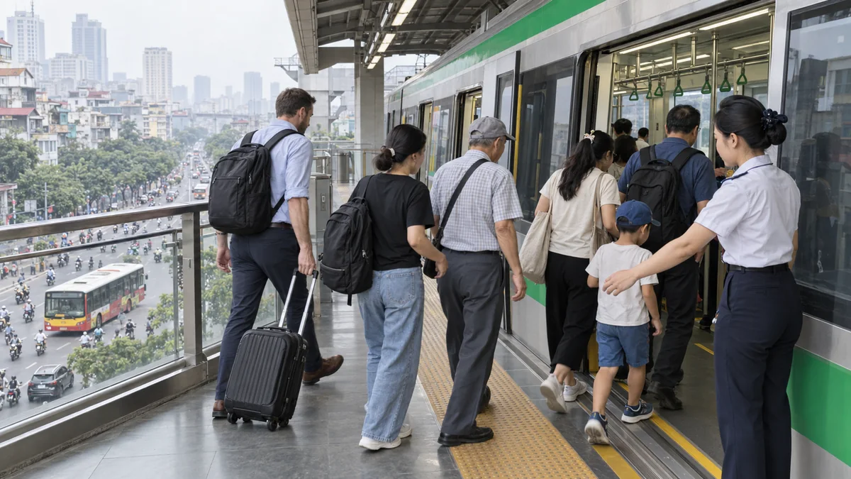 連休の朝にハノイの高架メトロへ乗り込む市民と旅行者