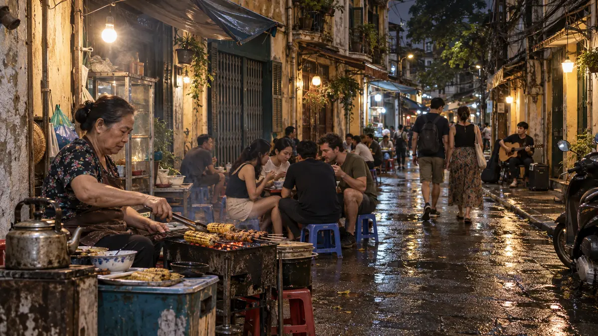 雨上がりのハノイの夜に屋台料理と音楽を楽しむ人々