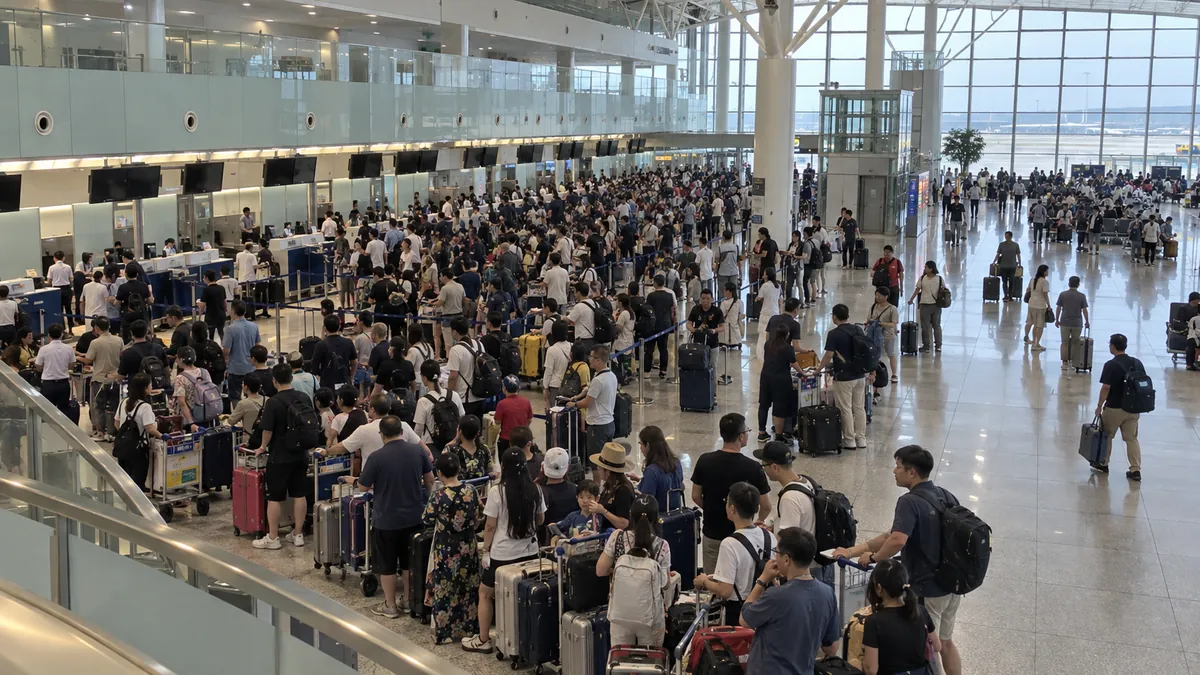 混雑するノイバイ国際空港の国際線チェックインホール