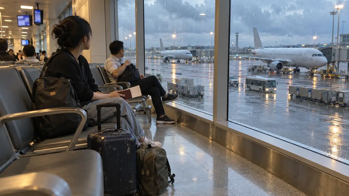 雨のタンソンニャット空港で機内持ち込み荷物と出発を待つ旅行者