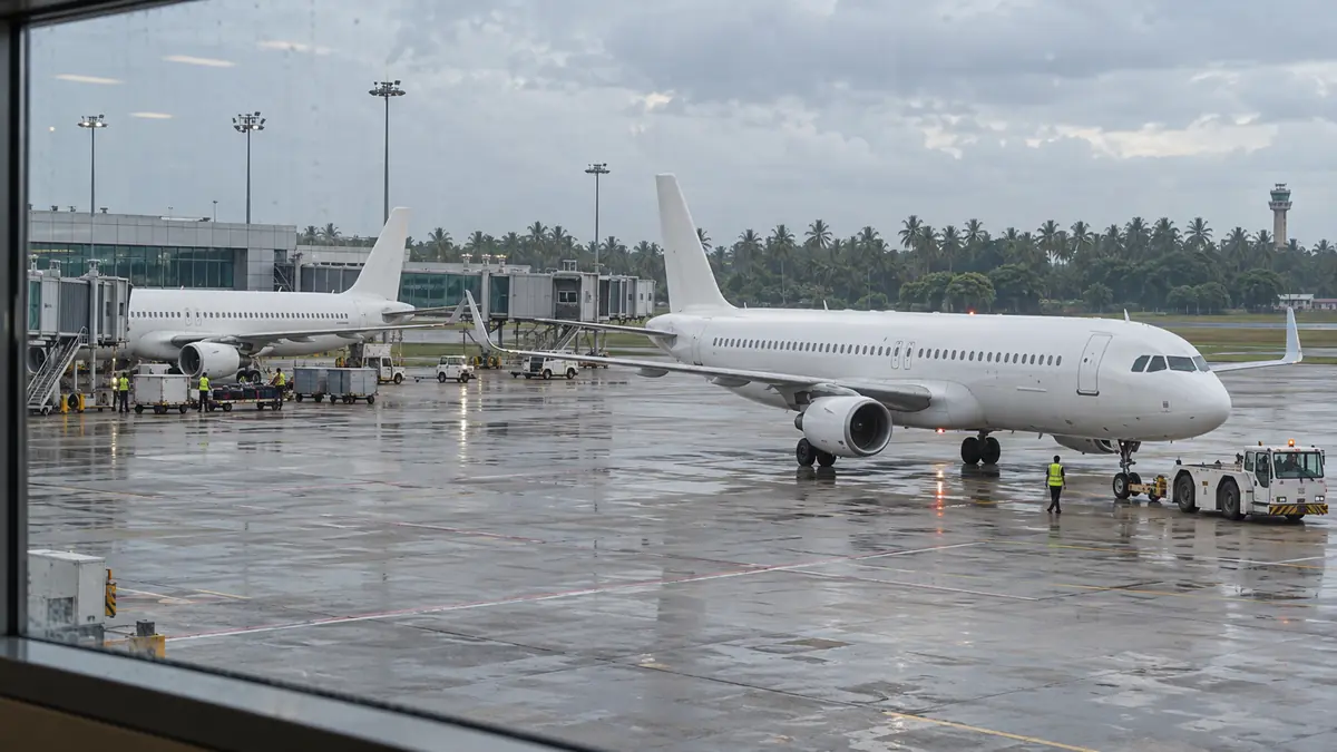 雨上がりのコロンボ空港で隣接する2機の旅客機