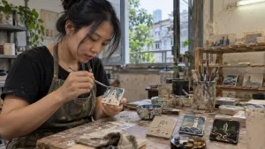ホーチミンの工房で小さな陶器土産の試作品を彩色するデザイナー
