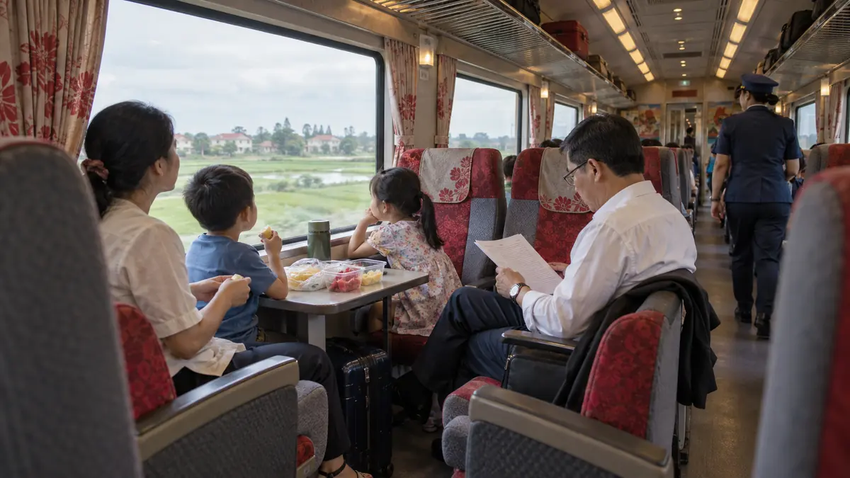 ハノイとハイフォンを結ぶ観光列車の車内で過ごす乗客